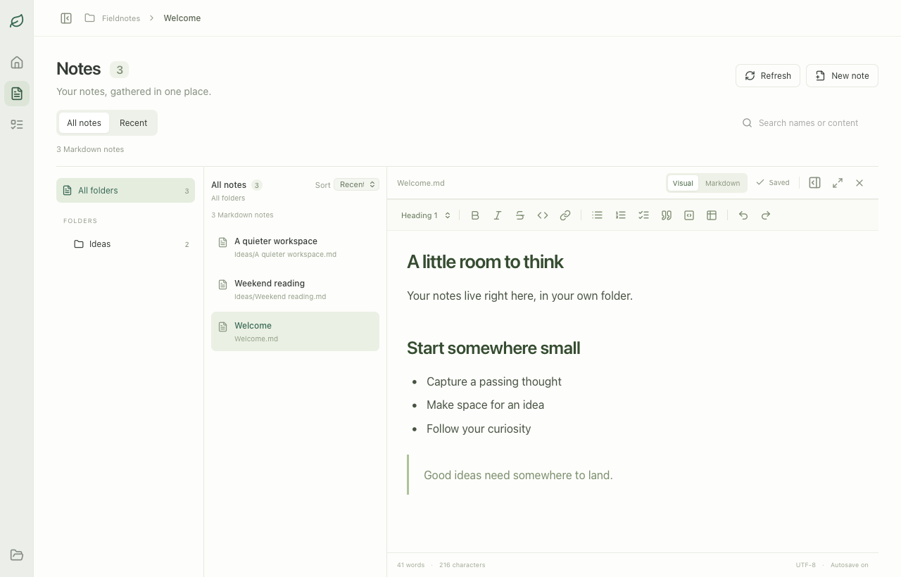 NotesDive Notes view: folders on the left, notes in the middle, and a formatted Markdown editor on the right.
